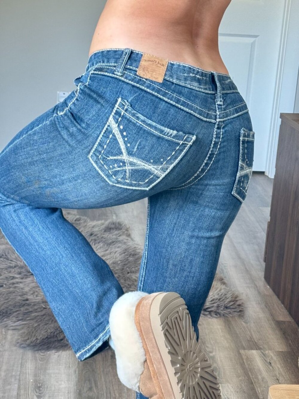 Y2K Red Camel Low Rise Bootcut Jeans Womens 7 Distressed White Stitching Grunge